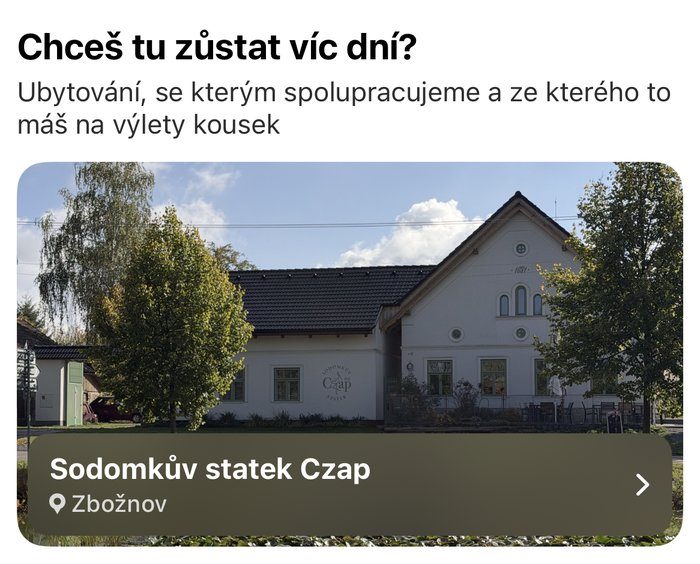 Sekce Chceš tu zůstat víc dní? v aplikaci GoOff s kartou Sodomkova statku